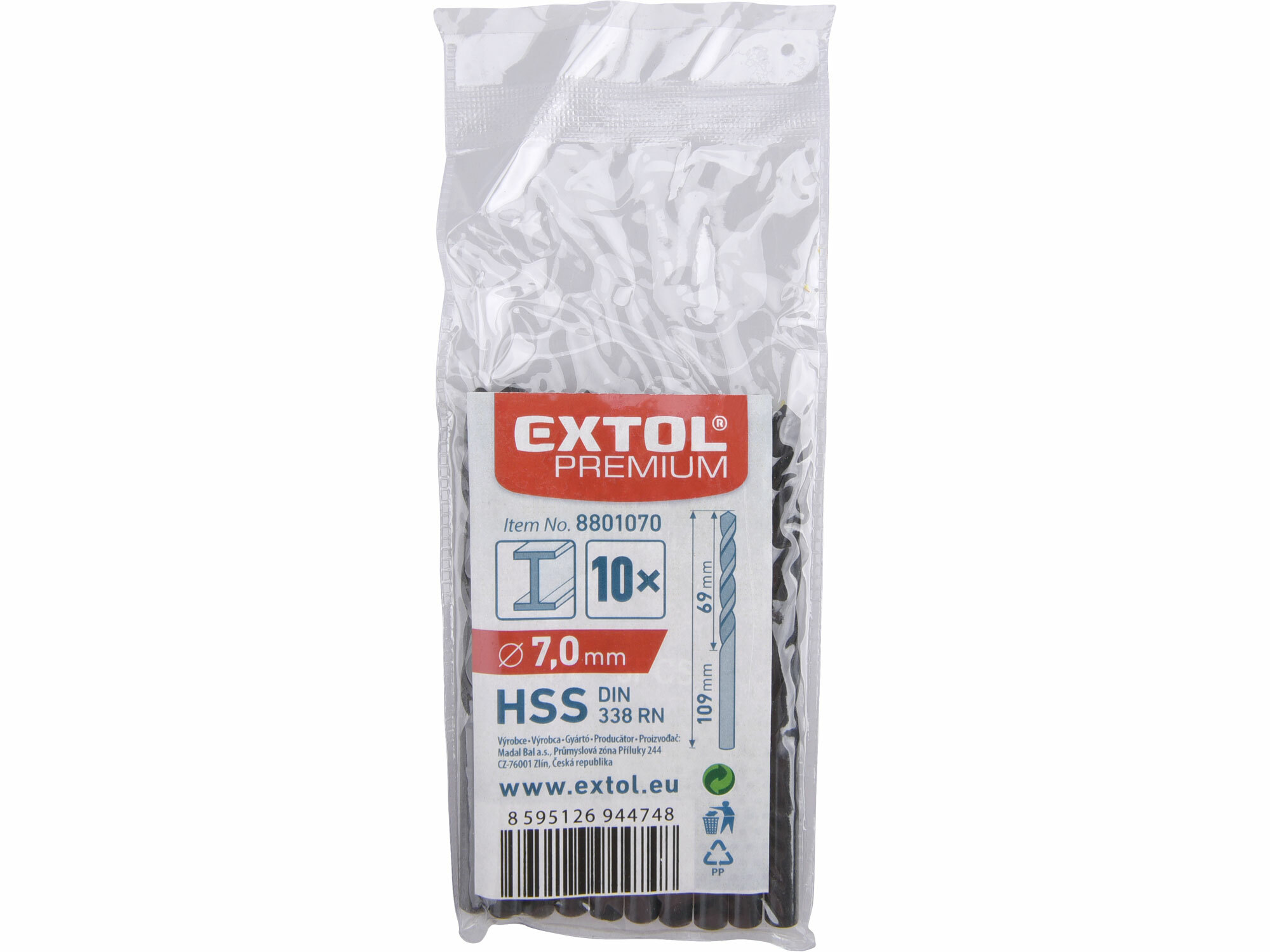 Vrták do kovu 10ks, HSS, DIN338, Ø7,0mm, EXTOL PREMIUM