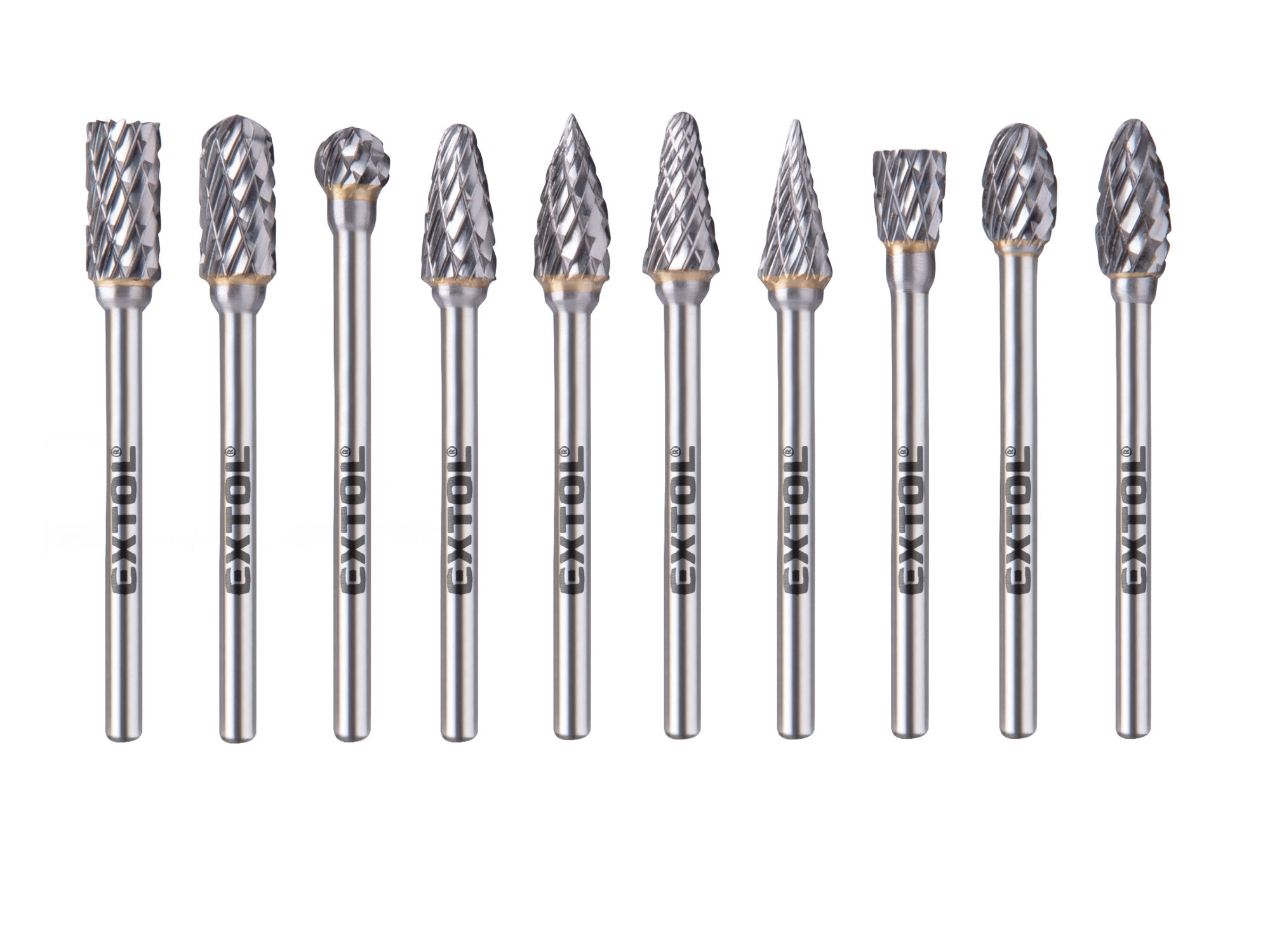 Sada karbidových fréz, 10ks, ø6mm, stopka ø3mm, celková dĺžka 50mm, EXTOL INDUSTRIAL