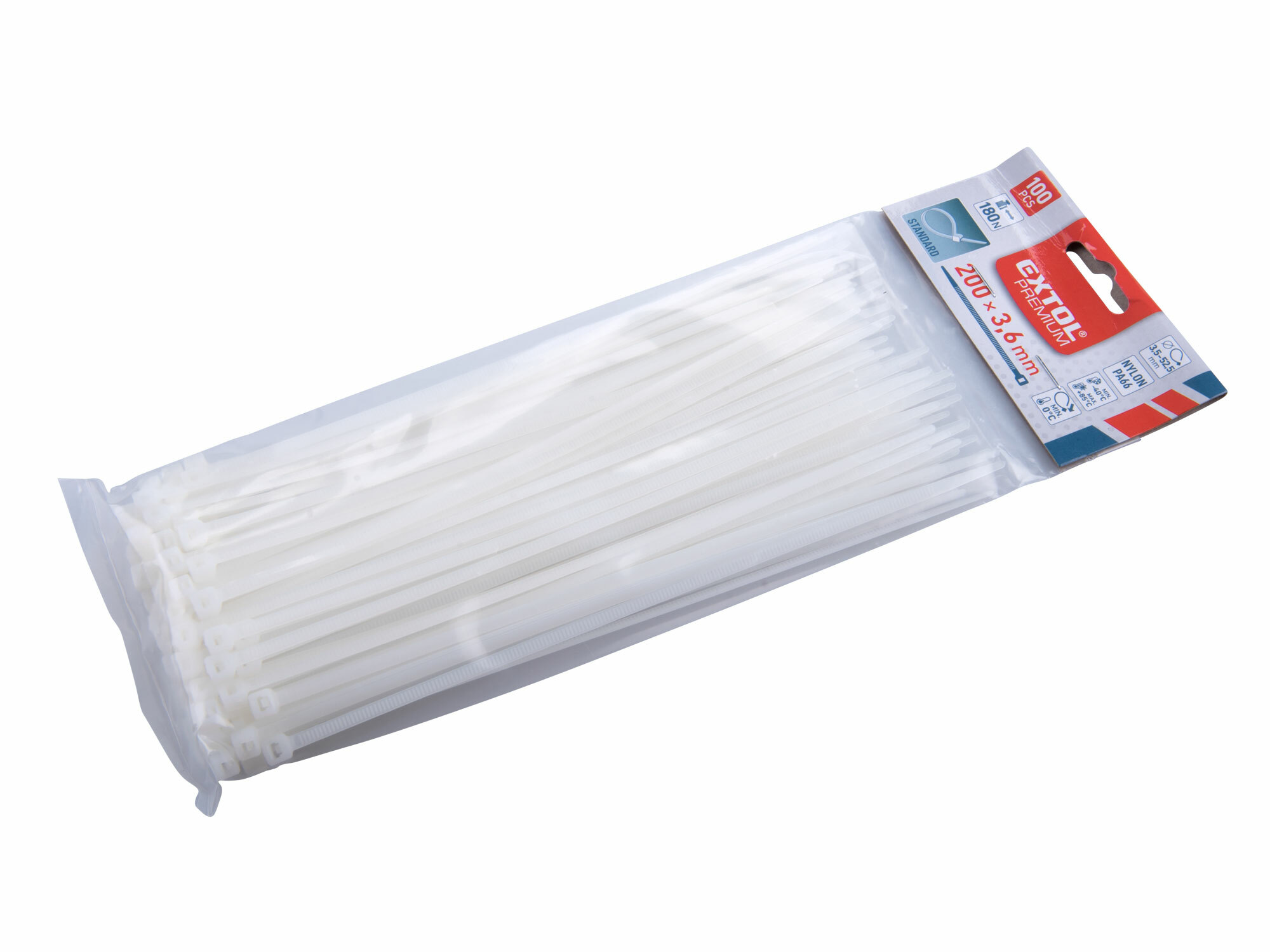 Pásky sťahovacie biele, 3,6x200mm, 100ks, Ø50mm, 18kg, nylon PA66, EXTOL PREMIUM