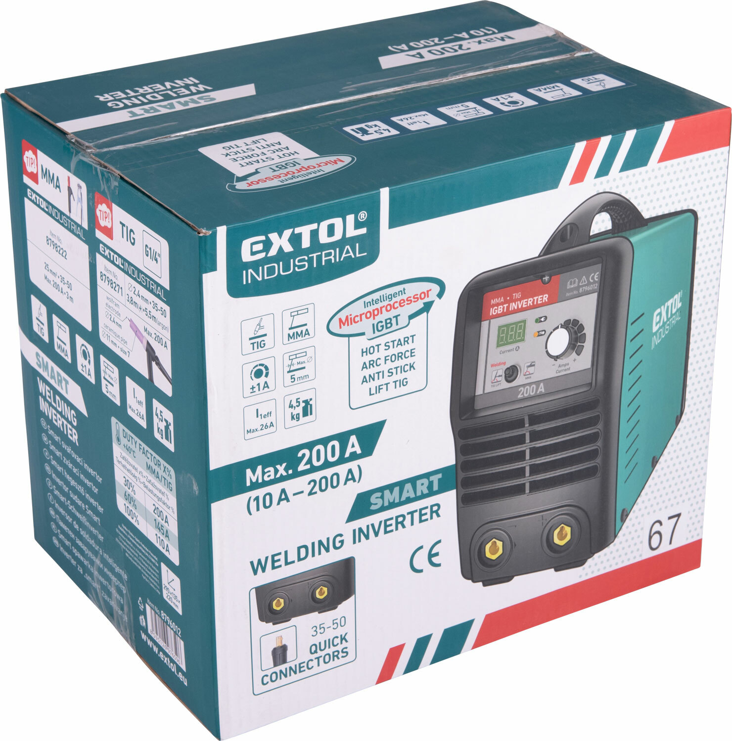 Invertor zvárací 10-200A, príkon 6,8kW, 74V, MMA a TIG, EXTOL INDUSTRIAL