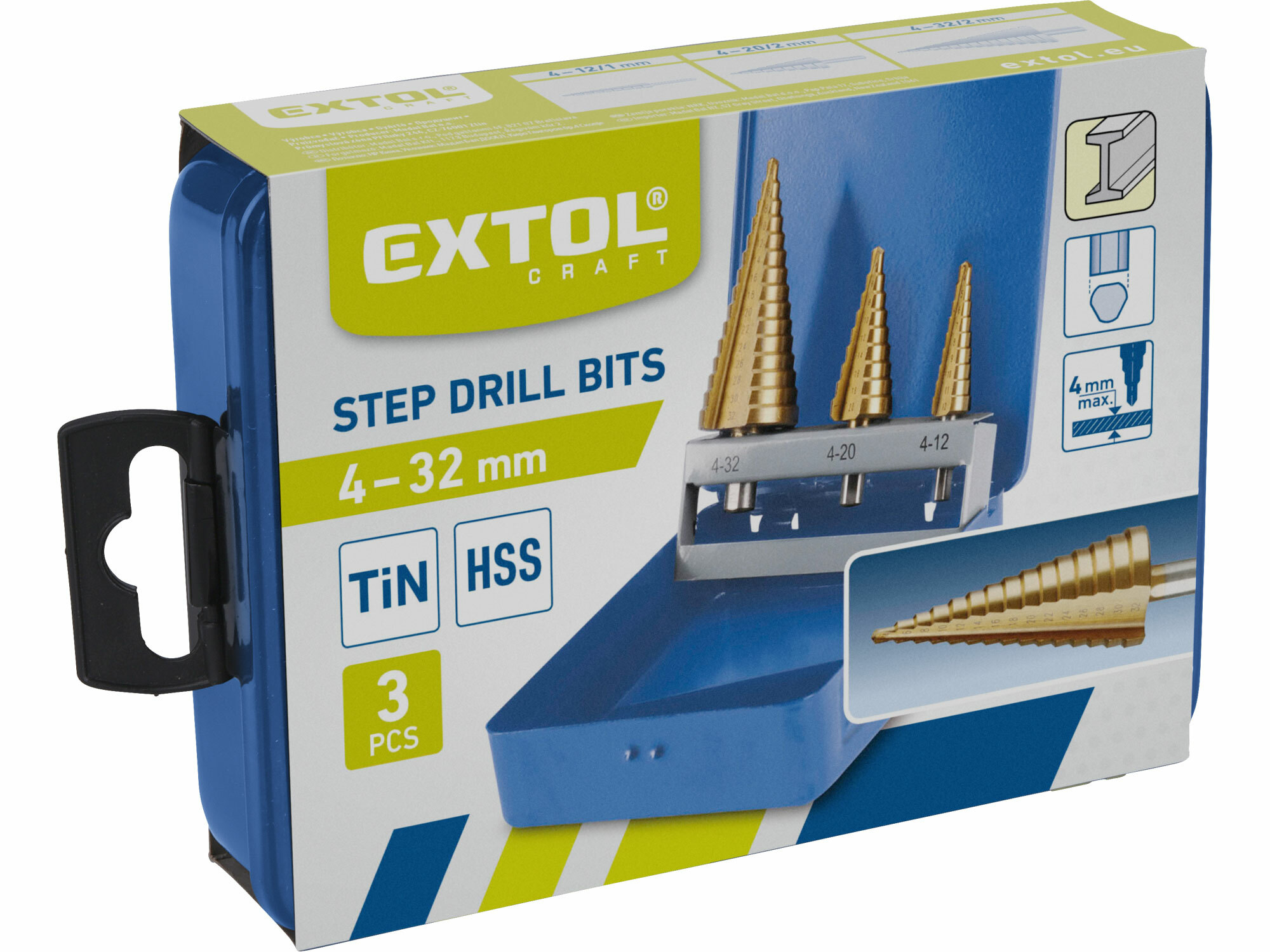 Vrtáky stupňovité TiN, sada 3ks, Ø4-12/1mm, Ø4-20/2mm, Ø4-32/2mm, EXTOL CRAFT