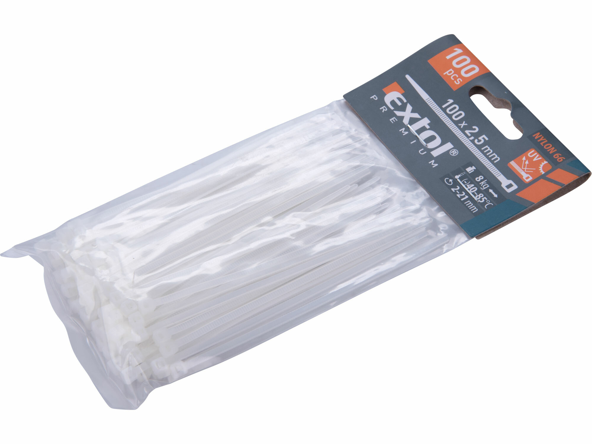 Pásky sťahovacie biele 2,5x100mm, 100ks, Ø22mm, 8kg, nylon PA66, EXTOL PREMIUM
